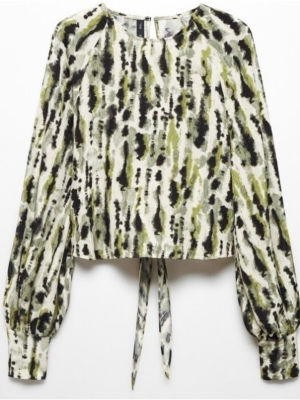 Mango Abstract Print Blouse - Black, Green, Cream/Long Sleeves/Tie Back/Size 6